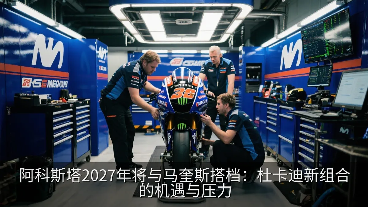 维修区内的赛车工程团队正在准备比赛用摩托车